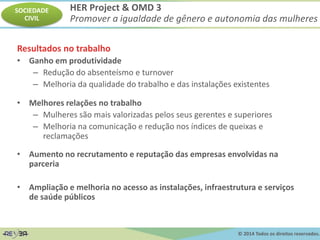 © 2014 Todos os direitos reservados.
Resultados no trabalho
• Ganho em produtividade
– Redução do absenteísmo e turnover
– Melhoria da qualidade do trabalho e das instalações existentes
• Melhores relações no trabalho
– Mulheres são mais valorizadas pelos seus gerentes e superiores
– Melhoria na comunicação e redução nos índices de queixas e
reclamações
• Aumento no recrutamento e reputação das empresas envolvidas na
parceria
• Ampliação e melhoria no acesso as instalações, infraestrutura e serviços
de saúde públicos
HER Project & OMD 3
Promover a igualdade de gênero e autonomia das mulheres
SOCIEDADE
CIVIL
 
