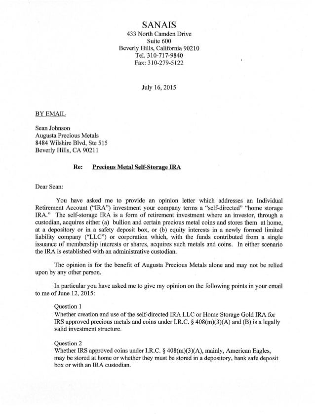 cyrus sanais opinion letter to apm on home delivery gold ira opinion letter