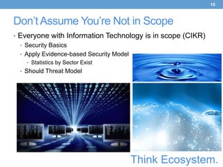 15



Don’t Assume You’re Not in Scope
• Everyone with Information Technology is in scope (CIKR)
  • Security Basics
  • Apply Evidence-based Security Model
   • Statistics by Sector Exist
 • Should Threat Model




                                  Think Ecosystem.
 