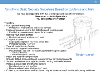 19


    Simplify to Basic Security Guidelines Based on Evidence and Risk
                 We have developed the myth that technology can be an effective fortress
                                  You cannot protect all your data
                                    You cannot stop every attack

Therefore,
• Don’t protect everything
     • Protect most important data and ensure services
• Increase focus on closing the detection and response gap
   • Establish access norms and monitor for anomalies
• Reduce your attack surface
   • Don’t store/transmit what you don’t need
• Collapse to cores
   • Segregrate and protect your most critical data
   • Protect cores really, really well
• Treat all endpoints as hostile
• Make small, targeted investments
   • Pass the Red Face Test – Reduce Investments through integration
        • Antivirus - Forefront
        • Full Disk Encryption – Bitlocker                                     Sector-based
•   Patch and harden configurations
•   Change default credentials and restrict/monitor privileged accounts
•   Secure development through application testing and code reviews
•   Increase awareness and change culture
     • Social engineering and phishing
     • Destroy and don’t save what you don’t need
• Collect your own metrics and apply security as necessary with available industry evidence
 