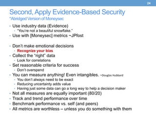 24


Second, Apply Evidence-Based Security
*Abridged Version of Moneysec
• Use industry data (Evidence)
  • “You’re not a beautiful snowflake.”
• Use with [Moneysec] metrics ~JPfost

• Don’t make emotional decisions
   • Recognize your bias
• Collect the “right” data
   • Look for correlations
• Set reasonable criteria for success
   • Don’t overspend
• You can measure anything! Even intangibles. ~Douglas Hubbard
   • You don’t always need to be exact
   • Reducing uncertainty adds value
   • Having just some data can go a long way to help a decision maker
• Not all measures are equally important (80/20)
• Track and trend performance over time
• Benchmark performance vs. self (and peers)
• All metrics are worthless – unless you do something with them
 