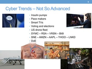 6



Cyber Trends – Not So Advanced
           • Insulin pumps
           • Pace makers
           • Smart TVs
           • Voting and elections
           • US drone fleet
           • SYMC – RSA – VRSN – Bit9
           • SNE – AMZN – AAPL – YHOO – LNKD
           • DoE
 