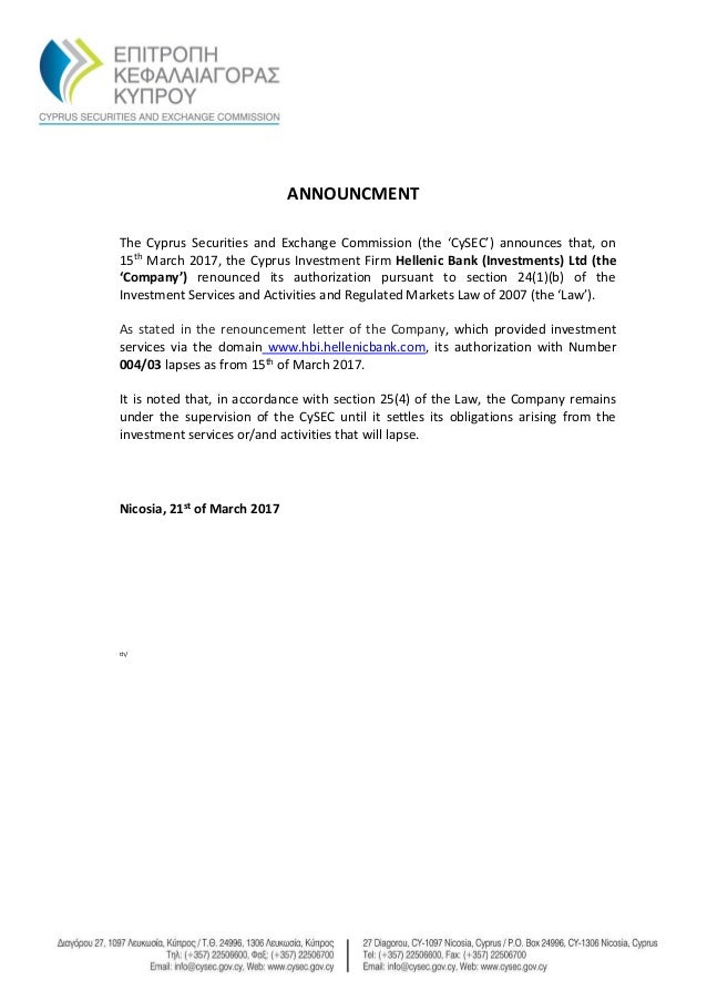CySEC announcement renouncement of CIF license