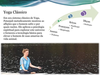 Yoga Clássico 
Em seu sistema clássico de Yoga, 
Patanjali metodicamente mostrou as 
aflições que o homem sofre e por 
quais razões. Ele aplicou a psicologia 
espiritual para explorar este universo 
e forneceu a tecnologia básica para 
elevar o homem de suas amarras da 
vida animal. 
 