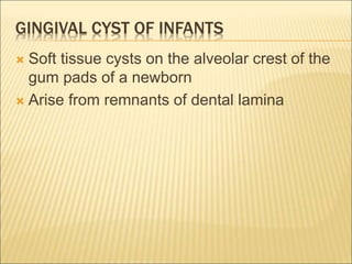 GINGIVAL CYST OF INFANTS 
 Soft tissue cysts on the alveolar crest of the 
gum pads of a newborn 
 Arise from remnants of dental lamina 
 