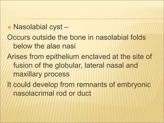  Nasolabial cyst – 
Occurs outside the bone in nasolabial folds 
below the alae nasi 
Arises from epithelium enclaved at the site of 
fusion of the globular, lateral nasal and 
maxillary process 
It could develop from remnants of embryonic 
nasolacrimal rod or duct 
 