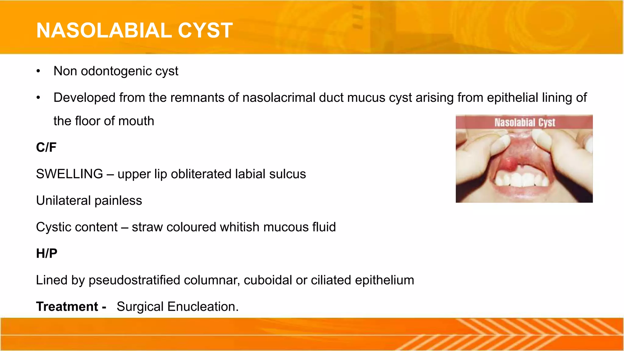 NASOLABIAL CYST
• Non odontogenic cyst
• Developed from the remnants of nasolacrimal duct mucus cyst arising from epithelial lining of
the floor of mouth
C/F
SWELLING – upper lip obliterated labial sulcus
Unilateral painless
Cystic content – straw coloured whitish mucous fluid
H/P
Lined by pseudostratified columnar, cuboidal or ciliated epithelium
Treatment - Surgical Enucleation.
 
