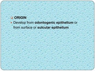  ORIGIN
 Develop from odontogenic epithelium or
from surface or sulcular epithelium
 