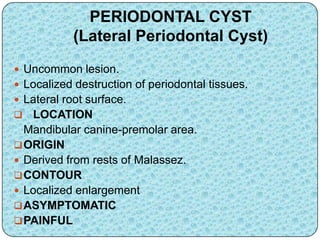 PERIODONTAL CYST
(Lateral Periodontal Cyst)
 Uncommon lesion.
 Localized destruction of periodontal tissues.
 Lateral root surface.
 LOCATION
Mandibular canine-premolar area.
ORIGIN
 Derived from rests of Malassez.
CONTOUR
 Localized enlargement
ASYMPTOMATIC
PAINFUL
 