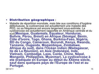 Distribution géographique  : Maladie de répartition mondiale, mais liée aux conditions d’hygiène défectueuse, la cysticercose est actuellement une maladie des PED, où sa fréquence est encore largement sous-estimée. La cysticercose est actuellement rapportée en Amérique centrale et du sud   (Mexique, Guatemala, Equateur, Honduras, Bolivie, Pérou, Brésil) en Afrique (Sénégal, Bénin, Côte d'Ivoire, Togo, Ghana, Burkina-Faso, Nigéria, RD du Congo, Cameroun, Burundi, Kenya, Rwanda, Tanzanie, Ouganda, Mozambique, Zimbabwe, Afrique du sud), dans l'Océan indien (Madagascar, Ile de La Réunion), en Asie (Indonésie, Inde, Vietnam, Cambodge, Laos, Corée, Chine, Népal, Mongolie, Philippines, Myanmar). La cysticercose à ete éradiquée en Europe au début du XXéme siécle, sauf dans quelques pays de l'Europe de l'est et au Portugal.  
