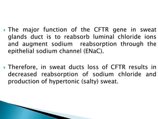  The major function of the CFTR gene in sweat
glands duct is to reabsorb luminal chloride ions
and augment sodium reabsorption through the
epithelial sodium channel (ENaC).
 Therefore, in sweat ducts loss of CFTR results in
decreased reabsorption of sodium chloride and
production of hypertonic (salty) sweat.
 