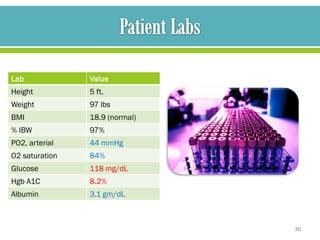 Lab             Value
Height          5 ft.
Weight          97 lbs
BMI             18.9 (normal)
% IBW           97%
PO2, arterial   44 mmHg
O2 saturation   84%
Glucose         118 mg/dL
Hgb A1C         8.2%
Albumin         3.1 gm/dL



                                30
 