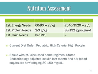 Est. Energy Needs      60-80 kcal/kg         2640-3520 kcal/d
Est. Protein Needs     2-3 g/kg              88-132 g protein/d
Est. Fluid Needs       Per MD                --


   Current Diet Order: Pediatric, High Calorie, High Protein

   Spoke with pt. Discussed home regimen. Stated
    Endocrinology adjusted insulin last month and her blood
    sugars are now ranging 80-150 mg/dL.

                                                                32
 