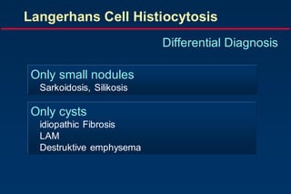 Langerhans Cell Histiocytosis
Differential Diagnosis
Only small nodules
Sarkoidosis, Silikosis
Only cysts
idiopathic Fibrosis
LAM
Destruktive emphysema
 