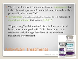 Anti-VEGF Treatments
 VEGF is well known to be a key mediator of angiogenesis, but
it also plays an important role in the inflammation and capillary
permeability that causes CME.
 Bevacizumab (Avastin, Genentech, South San Francisco, CA) is a humanized
monoclonal antibody that inhibits VEGF-A
“Triple therapy” with intravitreal triamcinolone, intravitreal
bevacizumab and topical NSAIDs has been shown to be
effective as well, although the effects of the intravitreal
medications were transient.
22-08-2015 Dept. of Ophthalmology 57
 