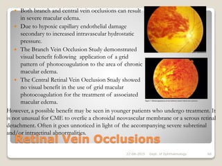 Retinal Vein Occlusions
 Both branch and central vein occlusions can result
in severe macular edema.
 Due to hypoxic capillary endothelial damage
secondary to increased intravascular hydrostatic
pressure.
 The Branch Vein Occlusion Study demonstrated
visual benefit following application of a grid
pattern of photocoagulation to the area of chronic
macular edema.
 The Central Retinal Vein Occlusion Study showed
no visual benefit in the use of grid macular
photocoagulation for the treatment of associated
macular edema.
22-08-2015 Dept. of Ophthalmology 66
However, a possible benefit may be seen in younger patients who undergo treatment. It
is not unusual for CME to overlie a choroidal neovascular membrane or a serous retinal
detachment. Often it goes unnoticed in light of the accompanying severe subretinal
and/or intraretinal abnormalities.
 