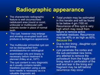 Radiographic appearance
 The characteristic radiographic
feature is well circumscribed
radiolucent area (round or ovoid,
unilocular or multilocular) with
sclerotic border in place of normal
tooth
 The cyst, however may enlarge
and envelop un-erupted tooth and
produce a dentigerous appearance
 The multilocular primordial cyst can
not be distinguished from
ameloblastoma on radiological
 examination only and biopsy is
necessary before treatment is
planned (Killey et al.,1977)
 The cyst content is very diagnostic
as it usually contains keratin,
therefore aspiration using a wide
bore needle is necessary as it is
valuable diagnostic aid.
 Total protein may be estimated
in this keratin and will be found
to be below 4 gm /100 ml.
Recurrence of this cyst is very
high which may result from
failure to remove active
epithelial residues. Recurrence
may be 40% or as high as 60%.
Because the
 Due to thin lining , daughter cyst
in the cyst lining
 cyst penetrate the cortex and
the sub-periosteal new bone,
any attempt to remove the
periosteum from the fragile cyst
lining result in perforation of the
wall and tear in the lining and
fragment may be left behind
recurrence may occur .
 