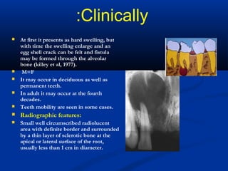 Clinically:
 At first it presents as hard swelling, but
with time the swelling enlarge and an
egg shell crack can be felt and fistula
may be formed through the alveolar
bone (killey et al, 1977).
 M=F
 It may occur in deciduous as well as
permanent teeth.
 In adult it may occur at the fourth
decades.
 Teeth mobility are seen in some cases.
 Radiographic features:
 Small well circumscribed radiolucent
area with definite border and surrounded
by a thin layer of sclerotic bone at the
apical or lateral surface of the root,
usually less than 1 cm in diameter.
 