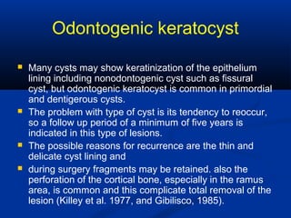 Odontogenic keratocyst
 Many cysts may show keratinization of the epithelium
lining including nonodontogenic cyst such as fissural
cyst, but odontogenic keratocyst is common in primordial
and dentigerous cysts.
 The problem with type of cyst is its tendency to reoccur,
so a follow up period of a minimum of five years is
indicated in this type of lesions.
 The possible reasons for recurrence are the thin and
delicate cyst lining and
 during surgery fragments may be retained. also the
perforation of the cortical bone, especially in the ramus
area, is common and this complicate total removal of the
lesion (Killey et al. 1977, and Gibilisco, 1985).
 