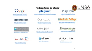 28
Rastreadores de plagio
http://plagiarisma.net/es/
https://www.plag.es/
http://www.plagium.com/es/detectordeplagio https://www.plagscan.com/es/
http://www.copyscape.com/
https://www.duplichecker.com/
http://www.plagioverificador.com/
http://es.plagiarismdetect.org/
http://turnitin.com/es/
http://www.urkund.com
https://antiplagiarist.softonic.com/
https://www.google.com.pe/
 