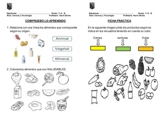 Estudiante: ………………………………………….. Grado: 1ª A - B Estudiante: ……………………………………………. Grado: 1ª A - B
Área: Ciencia y Tecnología Profesora: Karin Dávila Área: Ciencia y Tecnología Profesora: Karin Dávila
COMPRUEBO LO APRENDIDO
1. Relaciona con una línea los alimentos que corresponde
según su origen.
2. Colorealos alimentos que son SALUDABLES.
FICHA PRACTICA
En la siguiente imagen pinta los productos segúnse
indica en los recuadros teniendo en cuenta su color.
Carnes verduras frutas