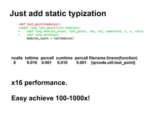 Just add static typization
ncalls tottime percall cumtime percall filename:lineno(function)
8 0.010 0.001 0.010 0.001 {qrcode.util.lost_point}
x16 performance.
Easy achieve 100-1000x!
 