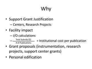 Why
• Support Grant Justification
– Centers, Research Projects
• Facility impact
– I/O calculations
– = Institutional cost per publication
• Grant proposals (instrumentation, research
projects, support center grants)
• Personal edification
Total Subsidy ($)
# of Publications
 