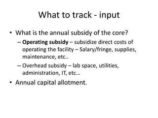 What to track - input
• What is the annual subsidy of the core?
– Operating subsidy – subsidize direct costs of
operating the facility – Salary/fringe, supplies,
maintenance, etc..
– Overhead subsidy – lab space, utilities,
administration, IT, etc…
• Annual capital allotment.
 
