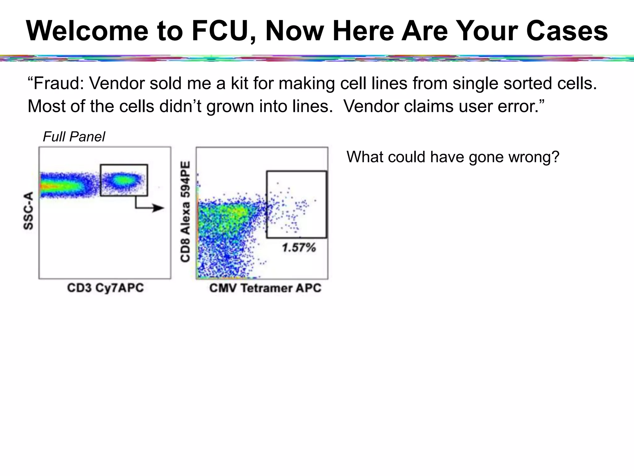 Welcome to FCU, Now Here Are Your Cases
“Fraud: Vendor sold me a kit for making cell lines from single sorted cells.
Most of the cells didn’t grown into lines. Vendor claims user error.”
What could have gone wrong?
Full Panel
 