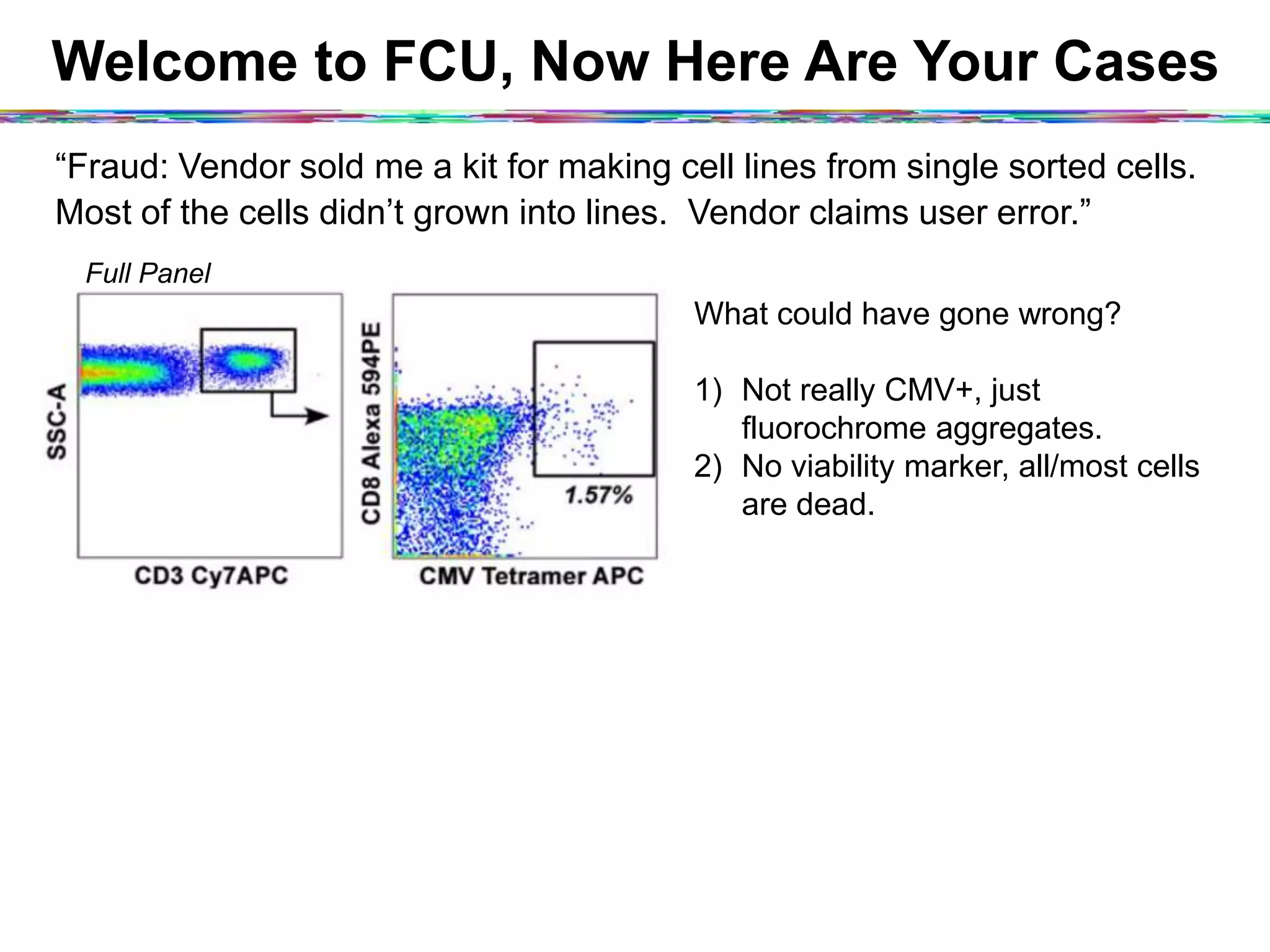 Welcome to FCU, Now Here Are Your Cases
“Fraud: Vendor sold me a kit for making cell lines from single sorted cells.
Most of the cells didn’t grown into lines. Vendor claims user error.”
What could have gone wrong?
1)  Not really CMV+, just
fluorochrome aggregates.
2)  No viability marker, all/most cells
are dead.
Full Panel
 
