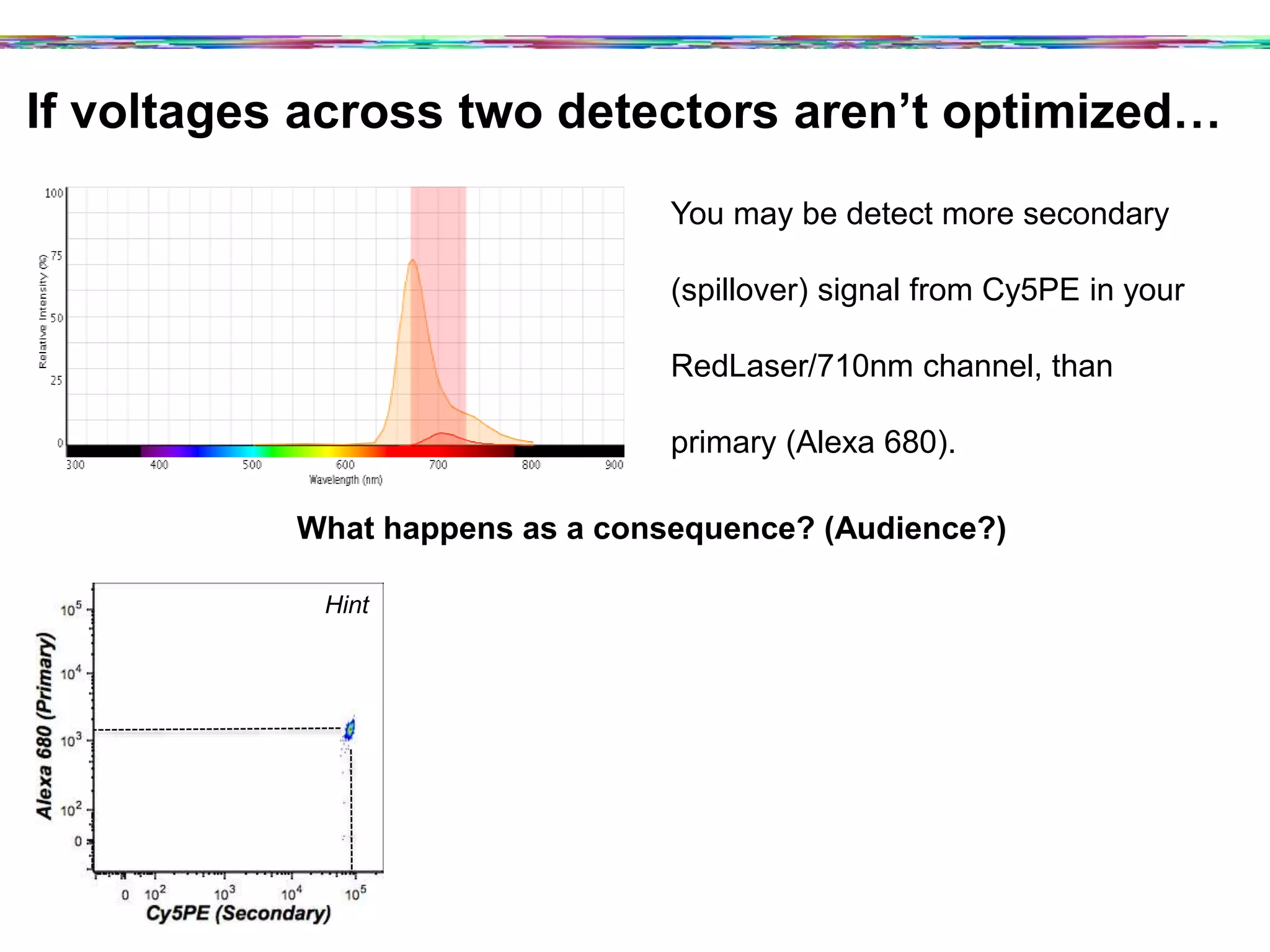 If voltages across two detectors aren’t optimized…	
  
You may be detect more secondary
(spillover) signal from Cy5PE in your
RedLaser/710nm channel, than
primary (Alexa 680).
What happens as a consequence? (Audience?)
0 10
2
10
3
10
4
10
5
Cy5PE (Secondary)
0
102
103
104
10
5
Alexa680(Primary)
Hint
 