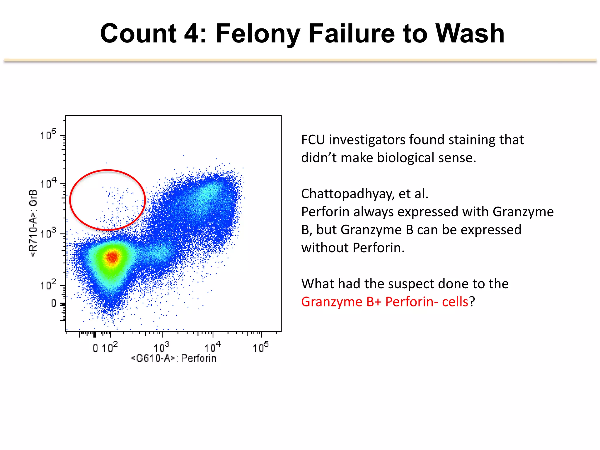 Count 4: Felony Failure to Wash
FCU	
  inves2gators	
  found	
  staining	
  that	
  
didn’t	
  make	
  biological	
  sense.	
  
	
  
Chadopadhyay,	
  et	
  al.	
  	
  
Perforin	
  always	
  expressed	
  with	
  Granzyme	
  
B,	
  but	
  Granzyme	
  B	
  can	
  be	
  expressed	
  
without	
  Perforin.	
  
	
  
What	
  had	
  the	
  suspect	
  done	
  to	
  the	
  
Granzyme	
  B+	
  Perforin-­‐	
  cells?	
  
 