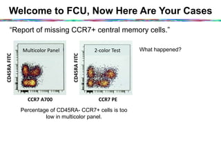 Welcome to FCU, Now Here Are Your Cases
“Report of missing CCR7+ central memory cells.”
CD45RA	
  FITC	
  
CCR7	
  A700	
 ...