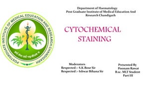 CYTOCHEMICAL
STAINING
Department of Haematology
Post Graduate Institute of Medical Education And
Research Chandigarh
Moderators
Respected :- S.K.Bose Sir
Respected :- Ishwar Bihana Sir
Presented By
Poonam Rawat
B.sc. MLT Student
Part III
 