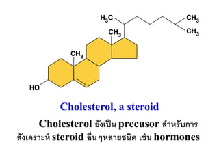 Cholesterol, a steroid
      Cholesterol ยังเป็ น precusor สาหรับการ
สังเคราะห์ steroid อื่นๆหลายชนิด เช่ น hormones
 