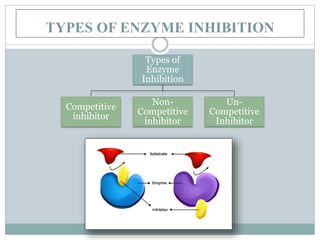 TYPES OF ENZYME INHIBITION
Types of
Enzyme
Inhibition
Competitive
inhibitor
Non-
Competitive
inhibitor
Un-
Competitive
Inhibitor
 