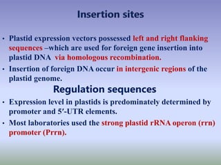 • Plastid expression vectors possessed left and right flanking
sequences –which are used for foreign gene insertion into
plastid DNA via homologous recombination.
• Insertion of foreign DNA occur in intergenic regions of the
plastid genome.
Regulation sequences
• Expression level in plastids is predominately determined by
promoter and 5′-UTR elements.
• Most laboratories used the strong plastid rRNA operon (rrn)
promoter (Prrn).
 