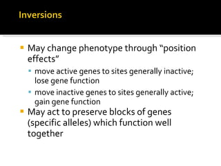 May change phenotype through “position effects” move active genes to sites generally inactive; lose gene function move inactive genes to sites generally active; gain gene function May act to preserve blocks of genes (specific alleles) which function well together 
