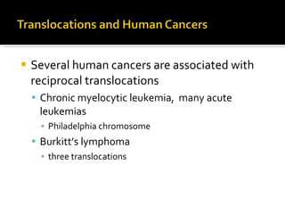 Several human cancers are associated with reciprocal translocations Chronic myelocytic leukemia,  many acute leukemias Philadelphia chromosome Burkitt’s lymphoma  three translocations 