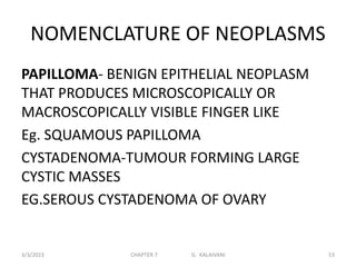 NOMENCLATURE OF NEOPLASMS
PAPILLOMA- BENIGN EPITHELIAL NEOPLASM
THAT PRODUCES MICROSCOPICALLY OR
MACROSCOPICALLY VISIBLE FINGER LIKE
Eg. SQUAMOUS PAPILLOMA
CYSTADENOMA-TUMOUR FORMING LARGE
CYSTIC MASSES
EG.SEROUS CYSTADENOMA OF OVARY
3/3/2023 CHAPTER 7 G. KALAIVANI 53
 