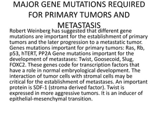 MAJOR GENE MUTATIONS REQUIRED
FOR PRIMARY TUMORS AND
METASTASIS
Robert Weinberg has suggested that different gene
mutations are important for the establishment of primary
tumors and the later progression to a metastatic tumor.
Genes mutations important for primary tumors: Ras, Rb,
p53, hTERT, PP2A Gene mutations important for the
development of metastases: Twist, Goosecoid, Slug,
FOXC2. These genes code for transcription factors that
have a role in normal embryological development. The
interaction of tumor cells with stromal cells may be
critical for the establishment of metastases. An important
protein is SDF-1 (stroma derived factor). Twist is
expressed in more aggressive tumors. It is an inducer of
epithelial-mesenchymal transition.
 