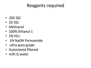 Reagents required
• 20X SSC
• 2X SSC
• Methanol
• 100% Ethanol 1
• 2N HCL
• 1N NaOH Formamide
• ultra pure grade
• Autoclaved filtered
• milli Q water
 
