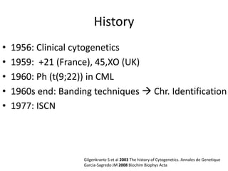 History
•
•
•
•
•

1956: Clinical cytogenetics
1959: +21 (France), 45,XO (UK)
1960: Ph (t(9;22)) in CML
1960s end: Banding techniques  Chr. Identification
1977: ISCN

Gilgenkrantz S et al 2003 The history of Cytogenetics. Annales de Genetique
Garcia-Sagredo JM 2008 Biochim Biophys Acta

 
