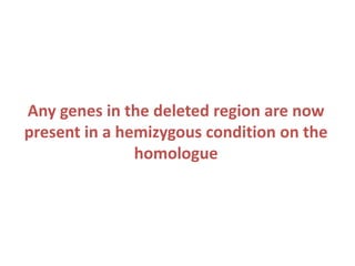 Any genes in the deleted region are now
present in a hemizygous condition on the
homologue

 