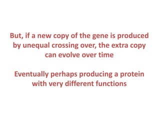 But, if a new copy of the gene is produced
by unequal crossing over, the extra copy
can evolve over time
Eventually perhaps producing a protein
with very different functions

 