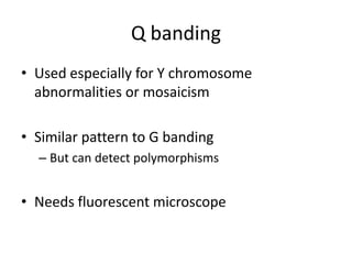 Q banding
• Used especially for Y chromosome
abnormalities or mosaicism
• Similar pattern to G banding
– But can detect polymorphisms

• Needs fluorescent microscope

 