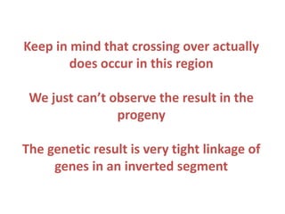 Keep in mind that crossing over actually
does occur in this region
We just can’t observe the result in the
progeny
The genetic result is very tight linkage of
genes in an inverted segment

 