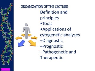 ORGANIZATION OF THE LECTURE
Definition and
principles
•Tools
•Applications of
cytogenetic analyses
–Diagnostic
–Prognostic
–Pathogenetic and
Therapeutic
 