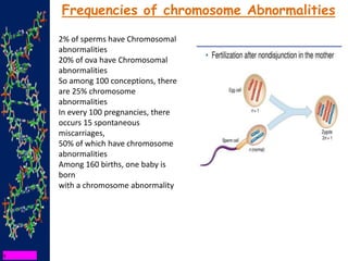 2% of sperms have Chromosomal
abnormalities
20% of ova have Chromosomal
abnormalities
So among 100 conceptions, there
are 25% chromosome
abnormalities
In every 100 pregnancies, there
occurs 15 spontaneous
miscarriages,
50% of which have chromosome
abnormalities
Among 160 births, one baby is
born
with a chromosome abnormality
Frequencies of chromosome Abnormalities
 