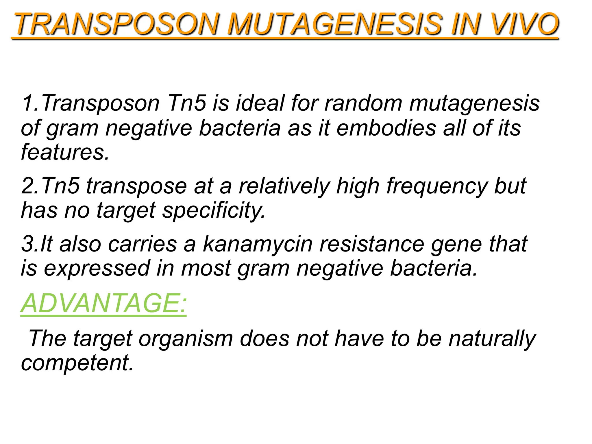 TRANSPOSON MUTAGENESIS IN VIVO
1.Transposon Tn5 is ideal for random mutagenesis
of gram negative bacteria as it embodies all of its
features.
2.Tn5 transpose at a relatively high frequency but
has no target specificity.
3.It also carries a kanamycin resistance gene that
is expressed in most gram negative bacteria.
ADVANTAGE:
The target organism does not have to be naturally
competent.
 